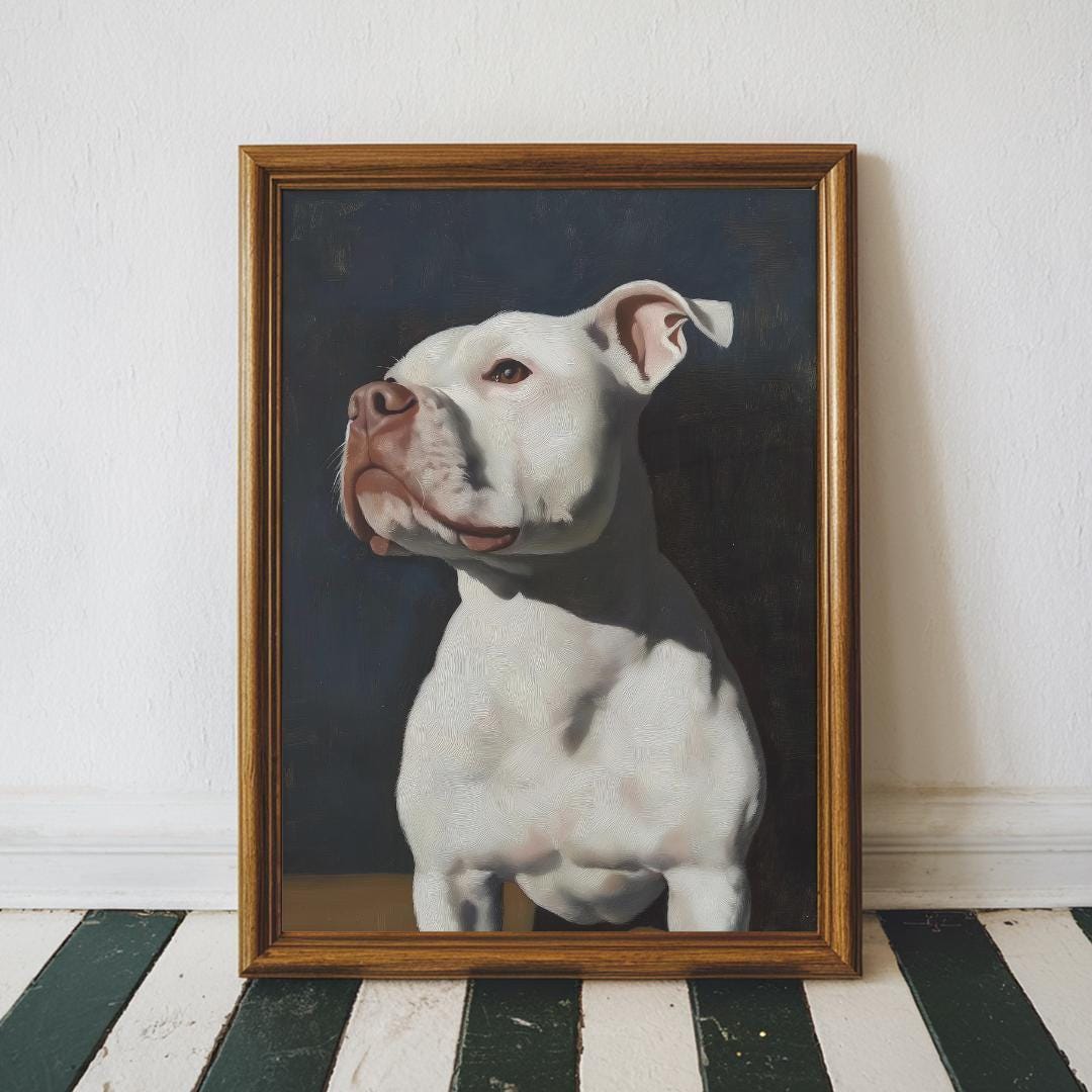 Regal White Dog Portrait Art Print, Classic Oil Painting Style
