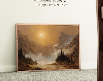 May include: A framed landscape painting with a warm color palette. The artwork depicts a mountain range, a body of water, and trees. The text "Sundried Season HIGH QUALITY WALL ART" is at the top of the image.