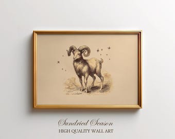 Vintage Aries Ram Print, Celestial Zodiac Illustration with Stars, Antique Astrology Art for Bedroom or Living Room Wall Decor