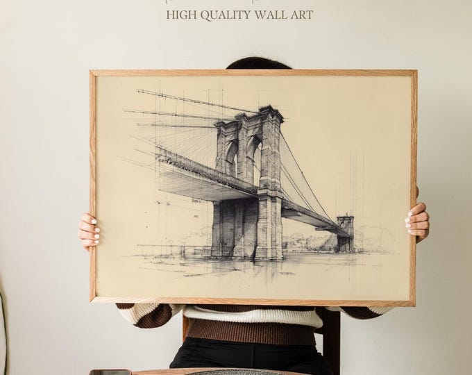 Brooklyn Bridge Architectural Drawing Print, Iconic New York Suspension Bridge Line Art, Vintage Engineering Wall Decor for Home or Office