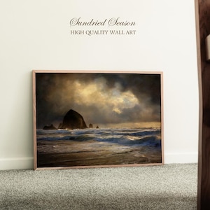 May include: A framed print of a coastal scene with a large rock formation in the sea. The artwork has a dramatic atmosphere with dark clouds and golden light. The text "Sundried Season" and "HIGH QUALITY WALL ART" are displayed at the top of the image.