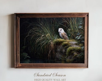 Barn Owl Wall Art Print, English Countryside And Wetland Marshes, Wildlife Painting, Dark Moody Nature Decor for Living Room Wall