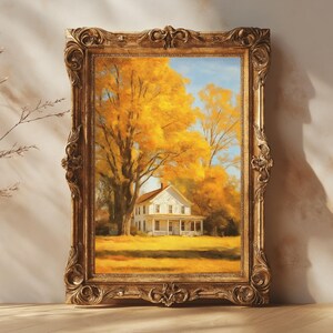 Poster Herbst Bauernhaus, Goldene Herbstlaub Wandkunst, Rustikaler Landhaus Druck, Warme Ernte Landschaft