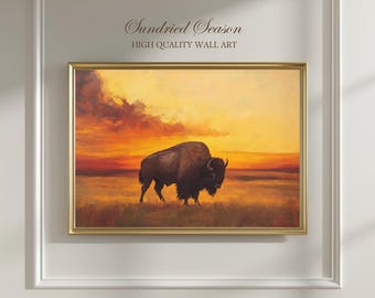 Amerikanischer Bison Wandkunst, Golden Prairie Buffalo Sonnenuntergang Druck, Wildtier Landschaftsmalerei, rustikale Ranch Dekor, Western Naturszene Poster