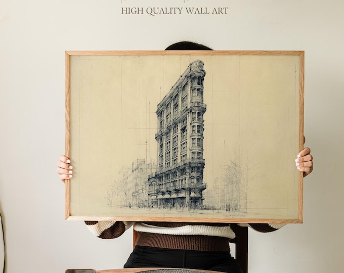 Flatiron Building Architectural Drawing Print, Vintage NYC Urban Sketch Illustration, Historic City Architecture Wall Art for Office or Home