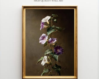 Romantic Morning Glory Vine Art Print, Vintage Botanical Flower Poster, Soft Purple and White Floral Wall Decor for Bedroom, or Cottage Home