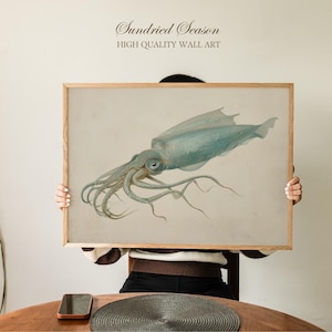 Vintage Squid Marine Illustration, Scientific Ocean Creature Print, Coastal Sea Life Wall Art for Nautical Bathroom or Office Decor