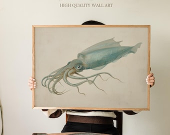 Vintage Squid Marine Illustration, Scientific Ocean Creature Print, Coastal Sea Life Wall Art for Nautical Bathroom or Office Decor