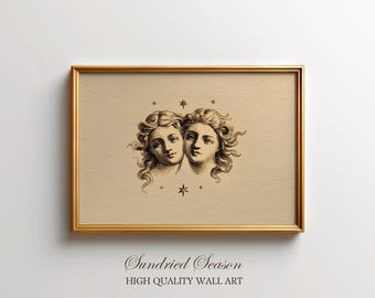 Gemini Zodiac Art Print, Surreal Astrology Twin Faces with Stars Illustration, Whimsigoth Celestial Decor for Bedroom or Home Gallery Wall