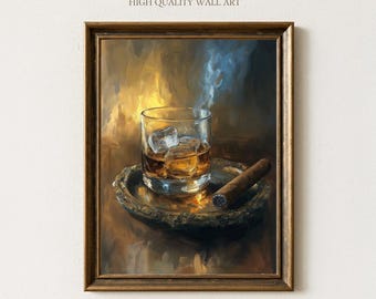 May include: A framed wall art print featuring a glass of whiskey with ice cubes, a cigar, and a decorative tray. The artwork has a warm color palette with the text "Sundried Season" and "HIGH QUALITY WALL ART".