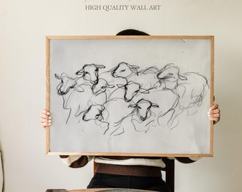 Sheep Flock Charcoal Sketch Print, Expressive Gestural Line Drawing, Minimalist Farmhouse Animal Art for Living Room or Kitchen Wall