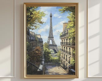 Puede incluir: Pintura enmarcada de la Torre Eiffel en París. La obra representa una escena callejera con la icónica torre al fondo, rodeada de edificios y árboles. La pintura tiene una paleta de colores cálidos con un marco dorado.