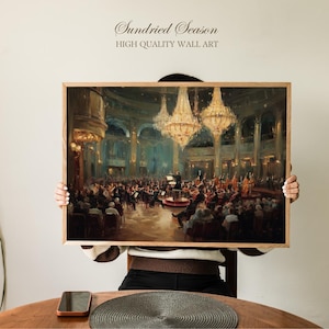 May include: A framed wall art print featuring an orchestra performing in a grand hall with ornate chandeliers. The artwork has a vintage aesthetic, with the text "Sundried Season HIGH QUALITY WALL ART" at the top.