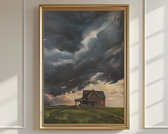 May include: A framed painting depicts a rural landscape with a house under a dramatic, stormy sky. The house, with a porch, sits on a grassy hill. The artwork is framed in a gold-colored frame, adding a touch of elegance to the scene.