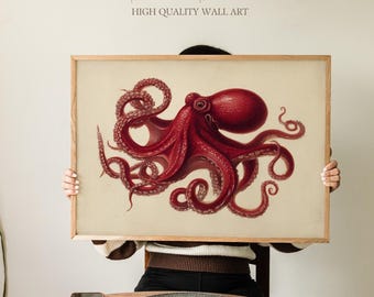 Lámina artística vintage de pulpo rojo, ilustración científica del océano para decoración de pared, póster de criatura marina para baño náutico o casa costera.