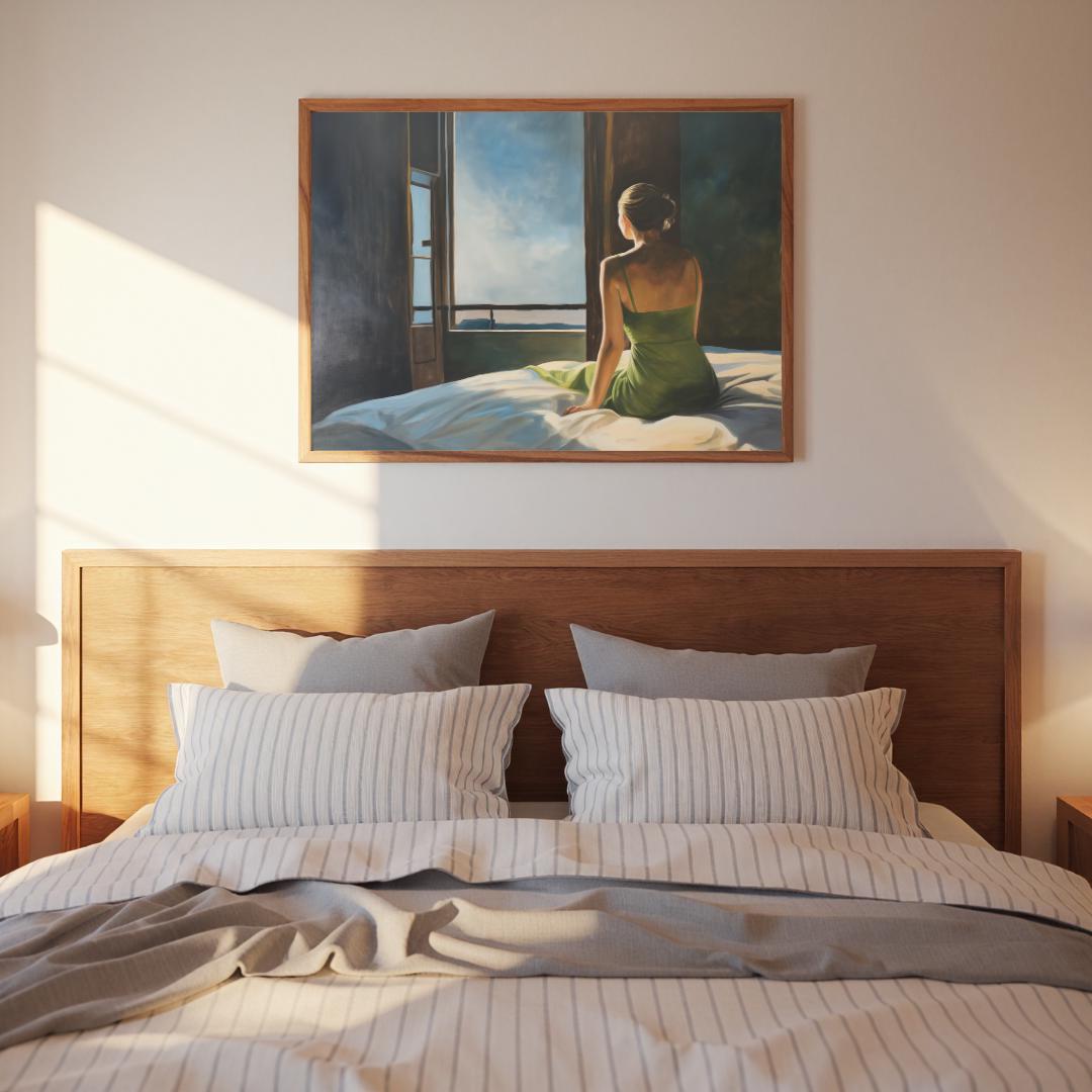 孤独な女性の絵画、雰囲気のある寝室のアート、ヴィンテージミッド