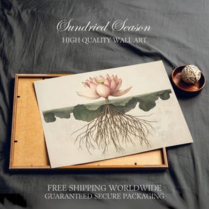 May include: A framed print of a lotus flower botanical illustration. The artwork is in a wooden frame and includes the text "Sundried Season HIGH QUALITY WALL ART". The lotus flower is pink and green. The print is in a wooden frame.
