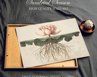 Lotusbloem botanische kunstprint, elegante natuurillustratie, wanddecoratie wortelstelsel, minimalistisch bloemsierkunst, zen-geïnspireerd huis