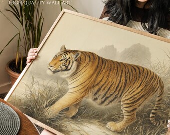 Vintage Indochinese Tiger Art Print, Antique Southeast Asian Wildlife Illustration, Rustic Jungle Decor for Botanical Bedroom or Living Room