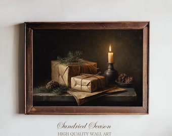 Rustic Christmas Gift Still Life Print, Candlelit Holiday Scene with Pine & Brown Paper Packages, Cozy Cottagecore Wall Art for Winter Decor