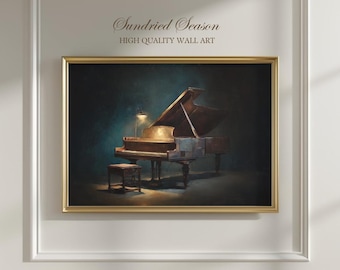 Classical Grand Piano Painting Print, Moody Instrument Wall Art, Vintage Piano Decor for Bedroom, Studio or Gift for Musicians and Pianist