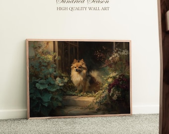 May include: A framed wall art print featuring a Pomeranian dog in a garden setting. The artwork has a vintage aesthetic, with the text "Sundried Season HIGH QUALITY WALL ART" at the top. The dog is brown and cream-colored, surrounded by lush greenery and flowers.