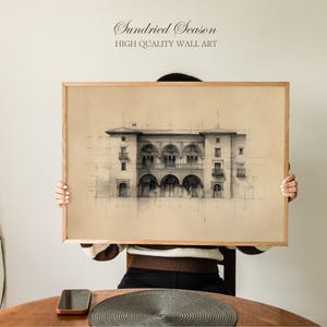 Alhambra Palace Architectural Drawing Print, Historic Moorish Arches & Balconies, Vintage Islamic Architecture Wall Art, Office Gallery Wall