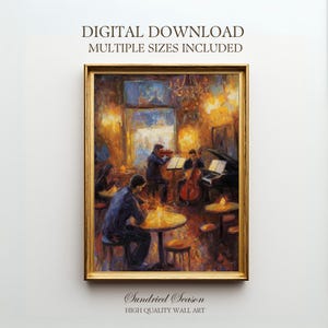 May include: A framed oil painting depicts a jazz quartet performing in a dimly lit cafe. The artwork features warm tones of gold, brown, and orange, with the text "DIGITAL DOWNLOAD MULTIPLE SIZES INCLUDED" and "Sundried Season HIGH QUALITY WALL ART".