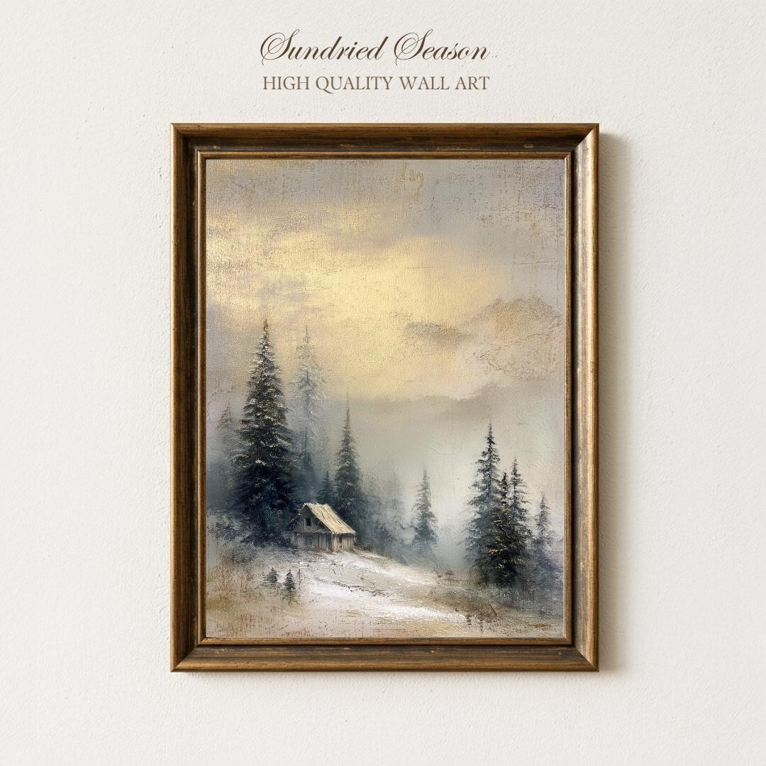 Moody Winter Cabin in Pine Forest Wall Art, Vintage Rustic Snow Scene ...