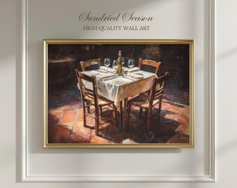 Quadro artístico de mesa de jantar toscana, pintura rústica de cozinha italiana com vinho e luz do sol, decoração de parede aconchegante para sala de jantar ou casa mediterrânea.