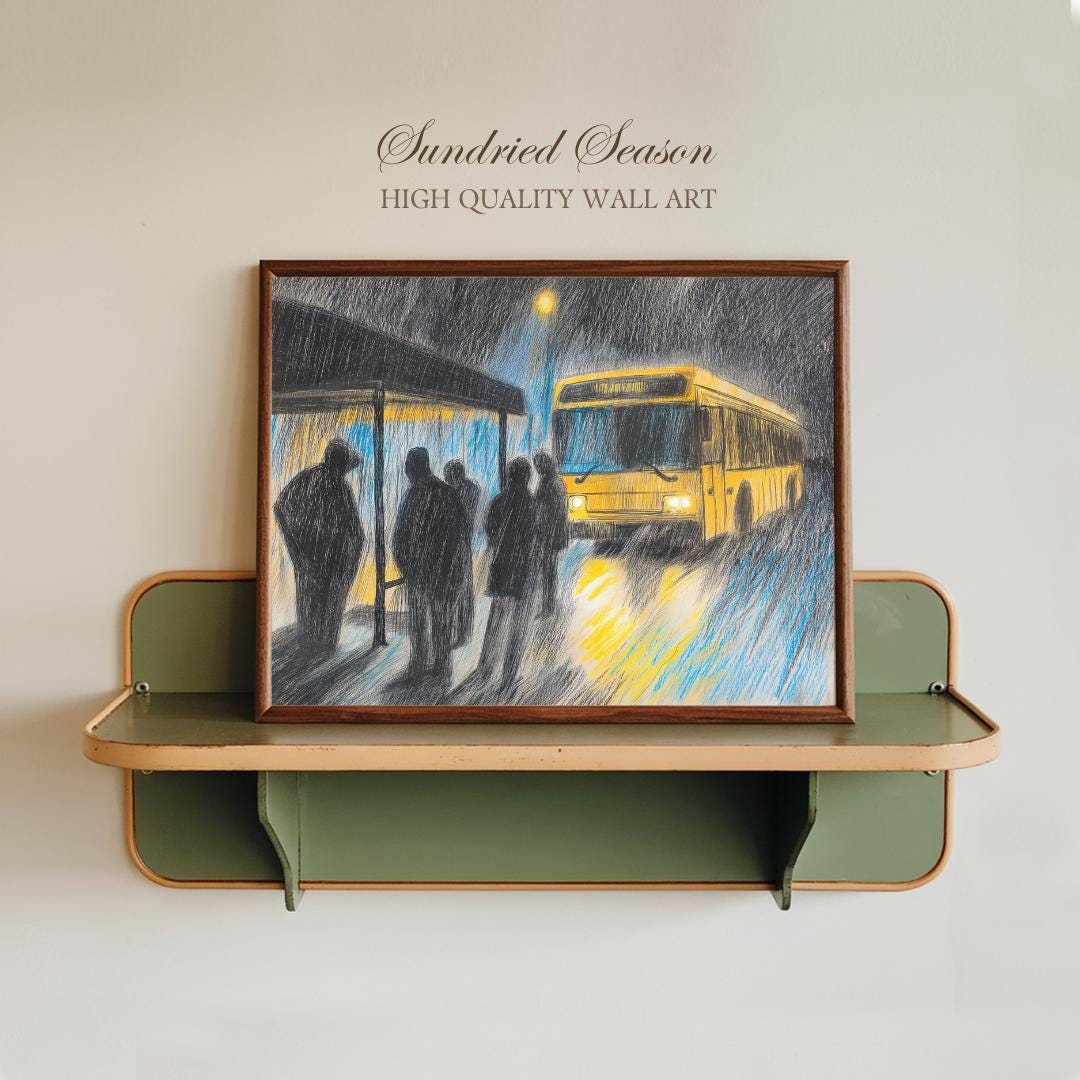 Moody Urban Bus Stop Art Print, Rainy Night City Scene, Dramatic Yellow ...