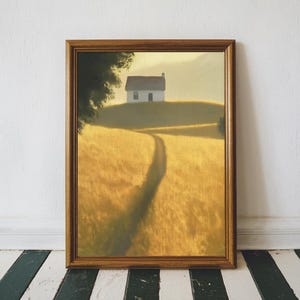 Golden Field Cottage Art Print, Serene Countryside Landscape Painting, Warm Rustic Farmhouse Wall Decor for Home, Kitchen & Living Room