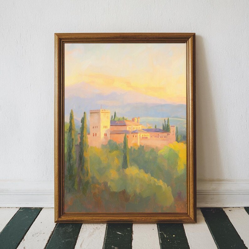 Alhambra Palace Sunset Art Print, Romantic Moorish Architecture Painting, Warm Granada Landscape Wall Decor for Living Room or Study image 6