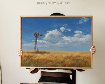 Midwestern Prairie Landschaft Wandkunst, rustikale Windmühle & blauer Himmel mit goldenem Feld, Western Country Print für Bauernhaus oder Americana Decor