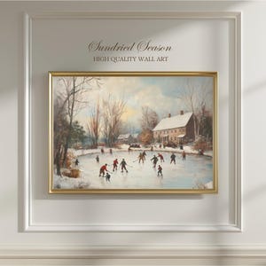 Vintage Winter Ice Skating Art, Nostalgic Holiday Art Print, Snowy Pond Hockey Painting, Cozy Christmas Wall Decor, Rustic Country Artwork image 3