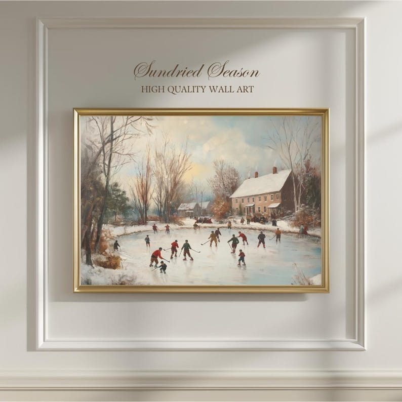 Vintage Winter Ice Skating Art, Nostalgic Holiday Art Print, Snowy Pond Hockey Painting, Cozy Christmas Wall Decor, Rustic Country Artwork image 3