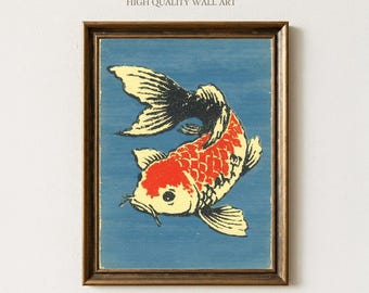 Koi Fish Art Print, Japanese Vintage Woodblock Style Poster, Red and White Carp Wall Decor for Zen Home, Office or Meditation Space
