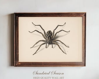Ilustracja przedstawiająca pająka wilczego w stylu vintage, antyczna entomologia pajęczaków na ścianę do gabinetu, biura, biblioteki lub wystroju domu w stylu gotyckim