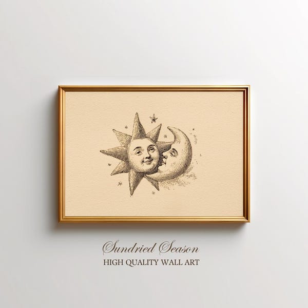 Vintage sol- och månkysskonsttryck, romantisk illustration av himmelska älskare, nyckfull natthimlens astrologidekor för sovrum eller barnrumspresent
