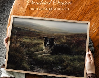 Border Collie Wall Art Print, Scottish Highlands and Peak District Moorland, Wildlife Painting, Rustic Sheepdog Portrait for Farmhouse Wall
