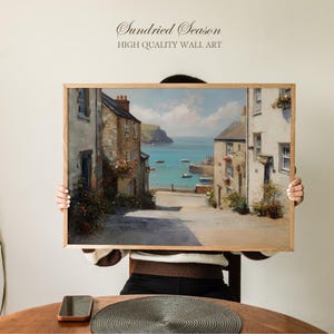 Cuadro decorativo de un pueblo costero de Cornualles, encantadoras casitas junto al mar y lámina del puerto, decoración náutica, pueblo costero británico, salón o baño.