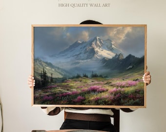 Stampa artistica del prato fiorito del Monte Rainier, tranquillo paesaggio montano innevato, decorazione murale naturale per camera da letto boho o soggiorno sereno