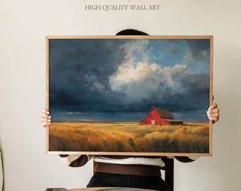 Amerikanische rote Scheune Landschaftswandkunst, stürmischer Himmel über goldenen Nebraska Plains, rustikale Landschaft des mittleren Westens für Bauernhaus oder Bürodekor
