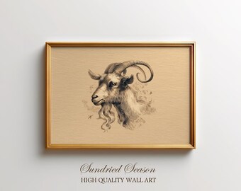 Vintage Capricorn Zodiac Art Print, Antique Celestial Goat Portrait with Stars, Boho Magical Astrology Decor for Bedroom Wall, Birthday Gift