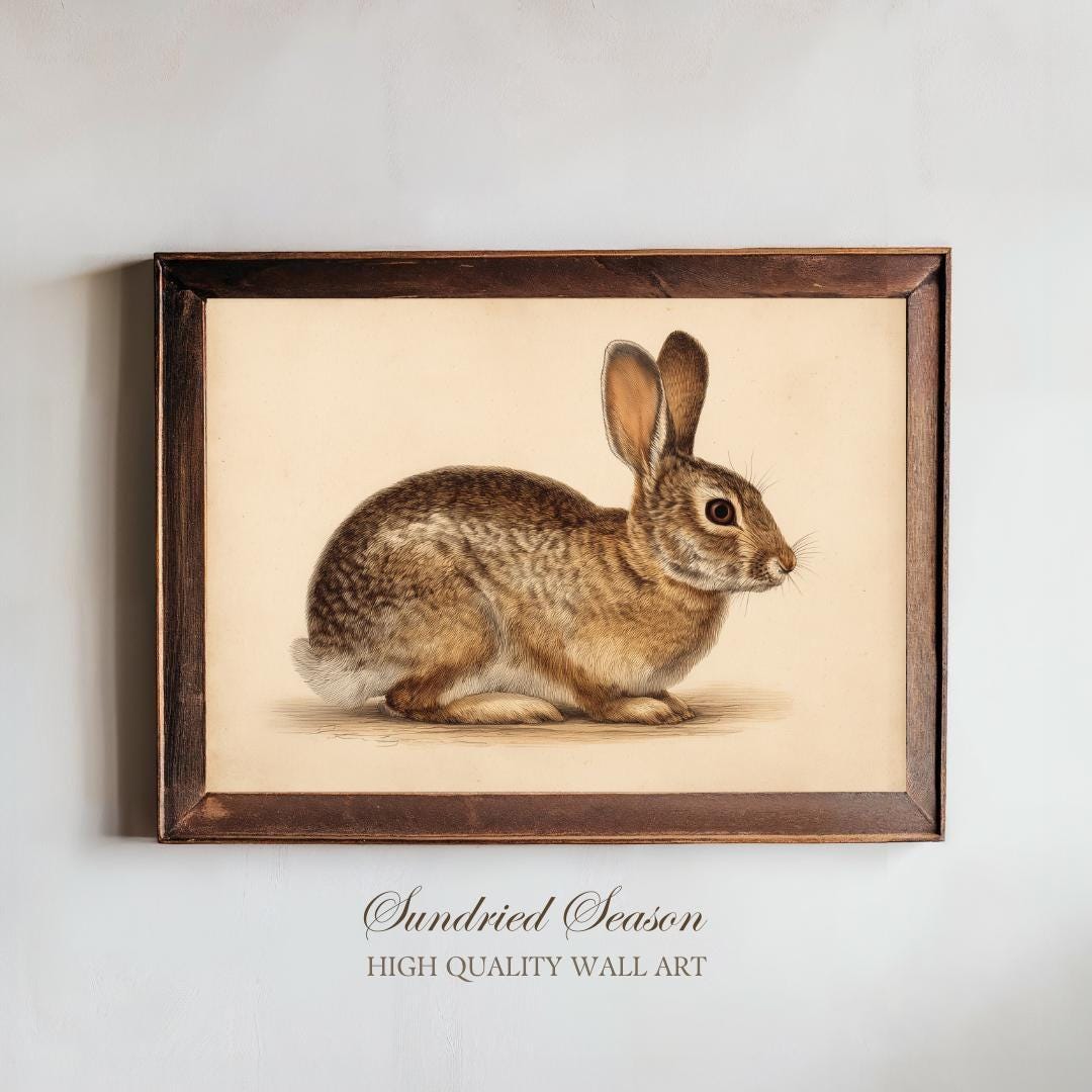 Rustic Print Rabbit Vintage Cottontail Rabbit Art Print, Woodland Bunny Animal Illustration ...
