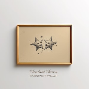 May include: A framed print with two star illustrations, each with a smiling face, on a beige backdrop. The gold frame surrounds the artwork, which includes the text "Sundried Season" and "HIGH QUALITY WALL ART".