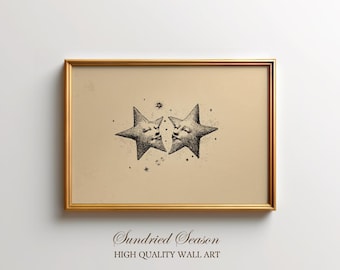Vintage Celestial Stars Wall Art Print, Vintage Ink Kissing Star Faces and Antique Celestial Night Sky, Dark Academia Bedroom Wall Art