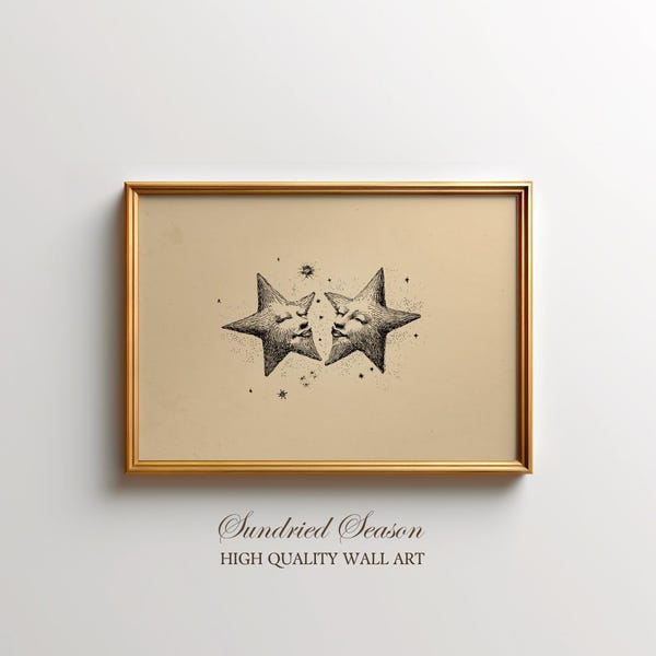 Vintage Celestial Stars Wall Art Print, Vintage Ink Kissing Star Faces and Antique Celestial Night Sky, Dark Academia Bedroom Wall Art