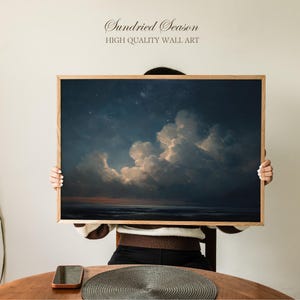 Starry Night Ocean Sky Art Print, Glowing Clouds Over Twilight Sea, Peaceful Celestial Wall Decor for Bedroom, Office or Dreamy Kids Room