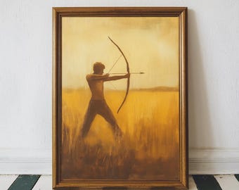 Minimalist Archer Art Print, Warrior with Bow and Arrow Poster, Tribal Hunting Silhouette, Vintage Warm Toned Rustic Wall Decor